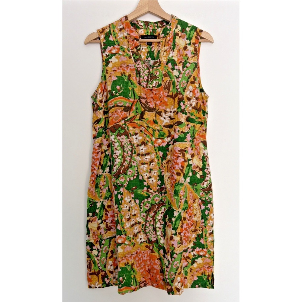 Lands' End Floral 100% Linen Shift Dress 8P Sleeveless Pockets Resort Summer